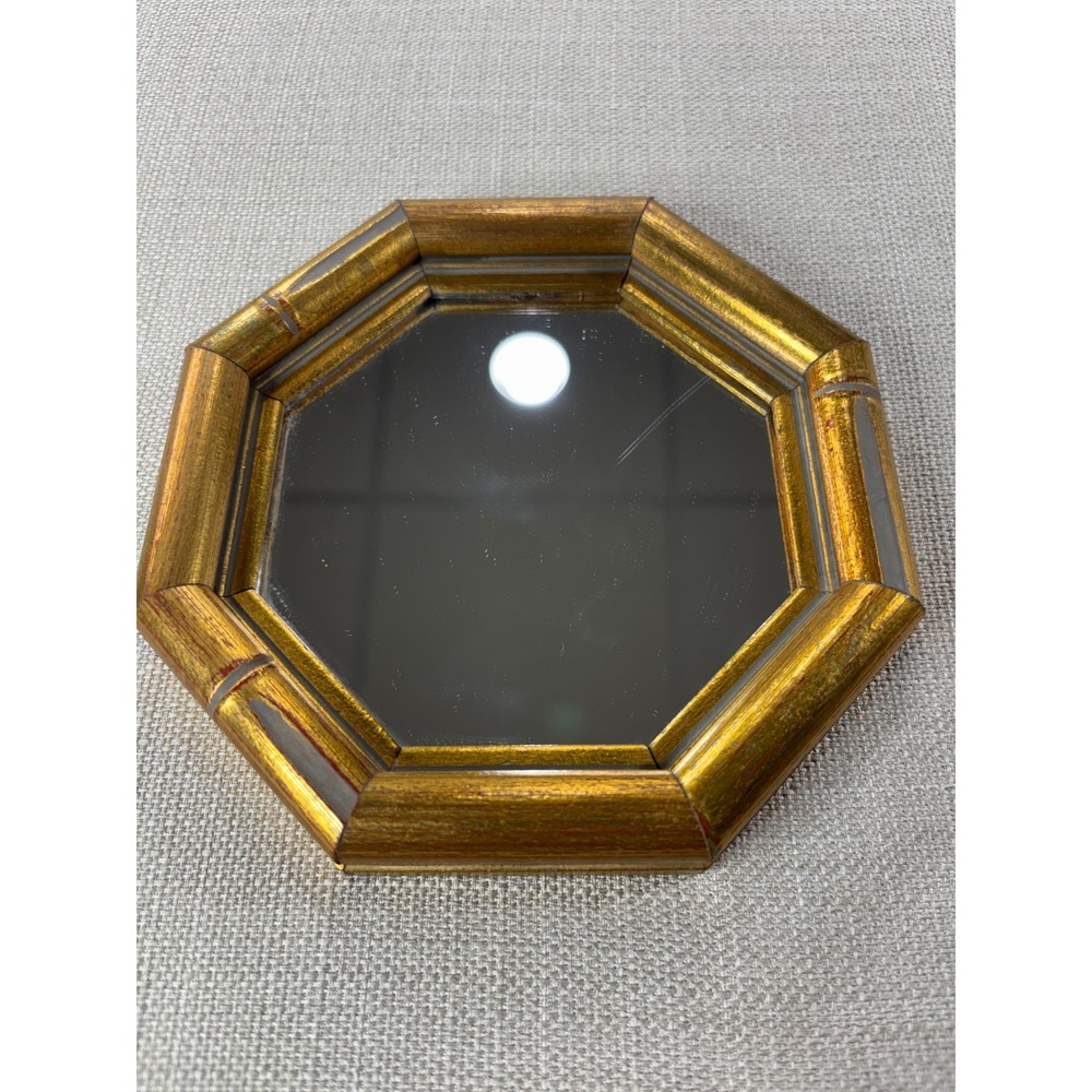 Octagon Bamboo Style Wall Mirror Decor with Brass/Gold Frame 6.5" H & W